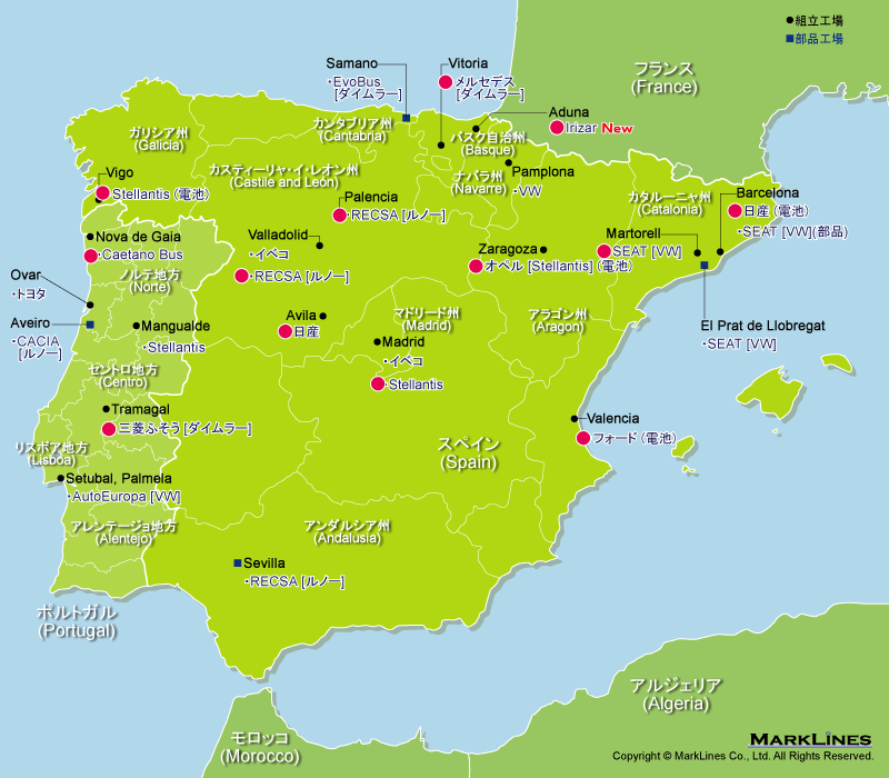 スペイン ポルトガルの完成車メーカー工場立地マップ 自動車産業ポータル マークラインズ
