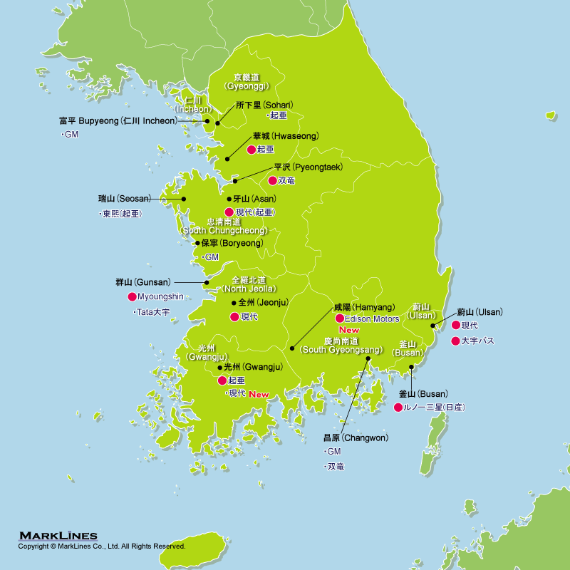 韓国の完成車メーカー工場立地マップ 自動車産業ポータル マークラインズ