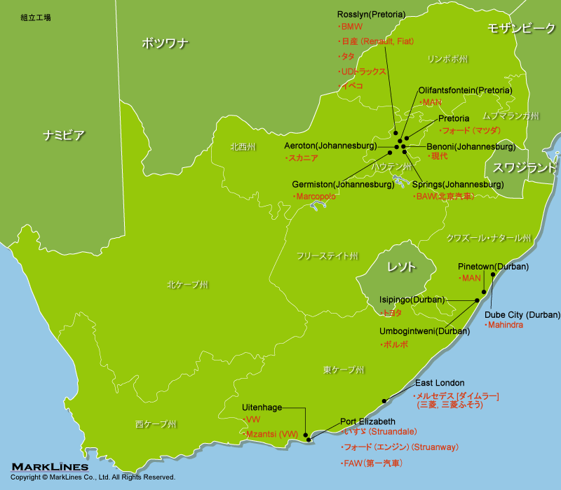 南アフリカの完成車メーカー工場立地マップ 自動車産業ポータル マークラインズ