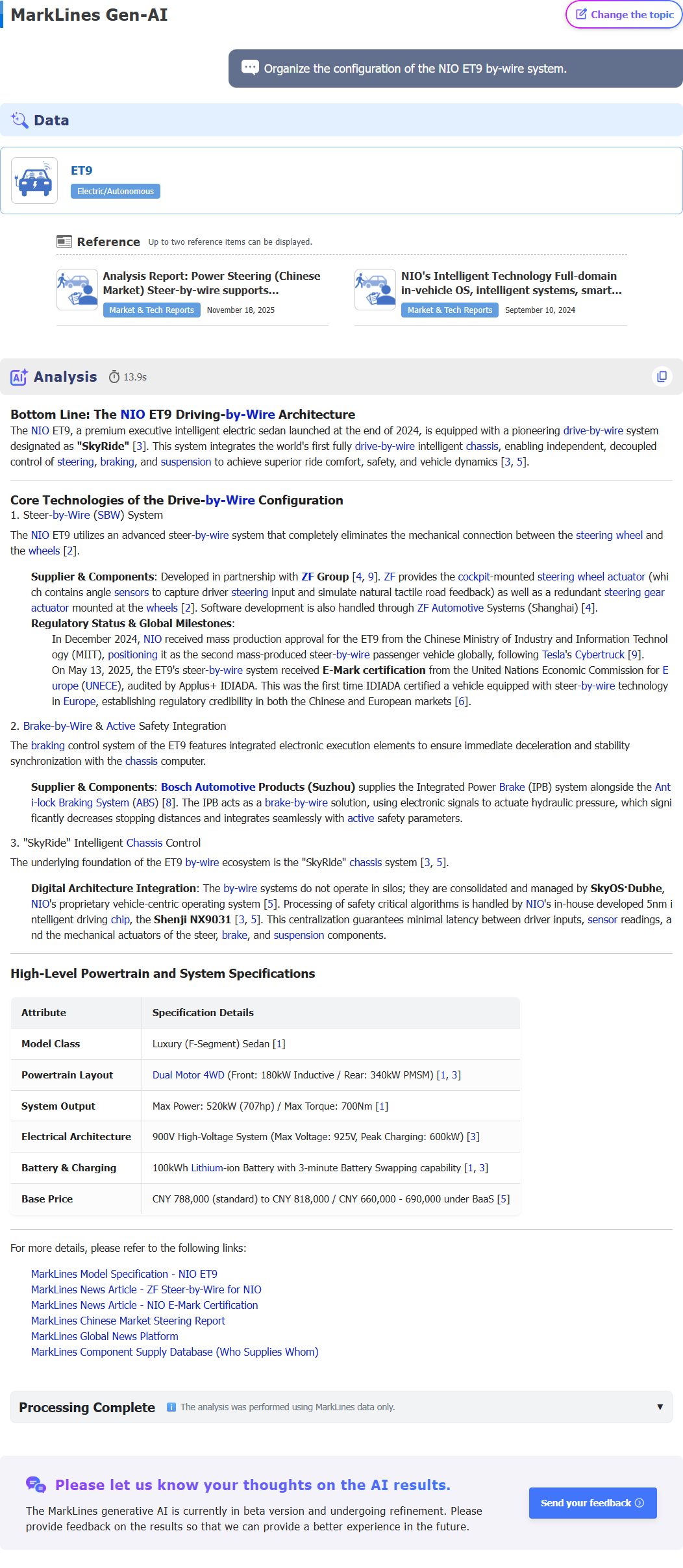 MarkLines Generative AI response page: This is the result of a thorough analysis and explanation regarding the question 'organize the configuration of nio et9 by-wire system.' based on latest data and trends.
