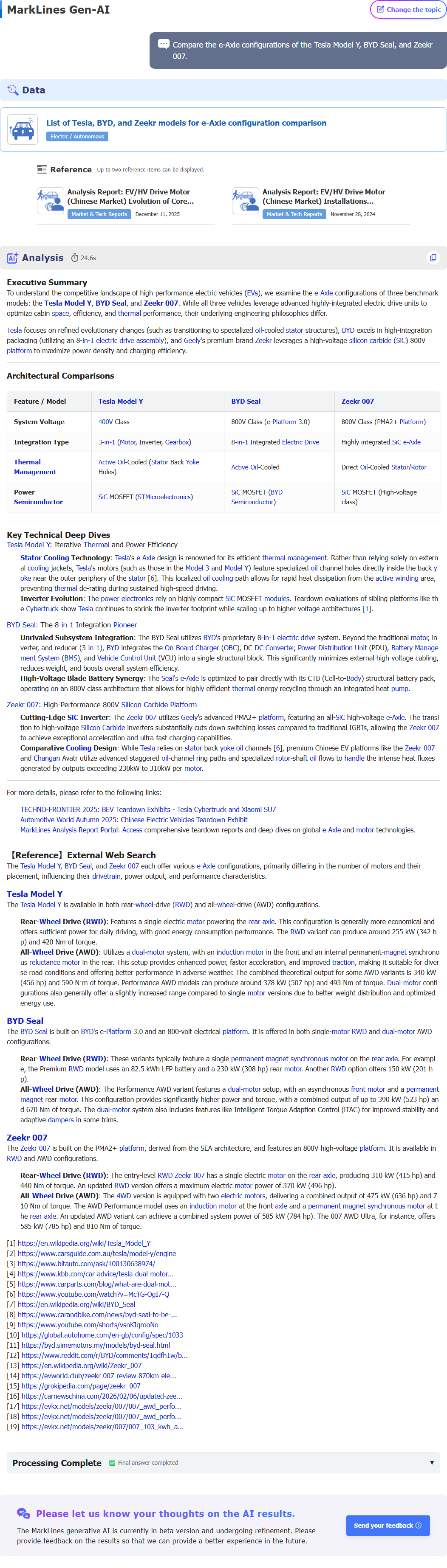 MarkLines Generative AI response page: This is the result of a thorough analysis and explanation regarding the question 'compare the e-axle configurations of tesla model y, byd seal, and zeekr 007.' based on latest data trends.