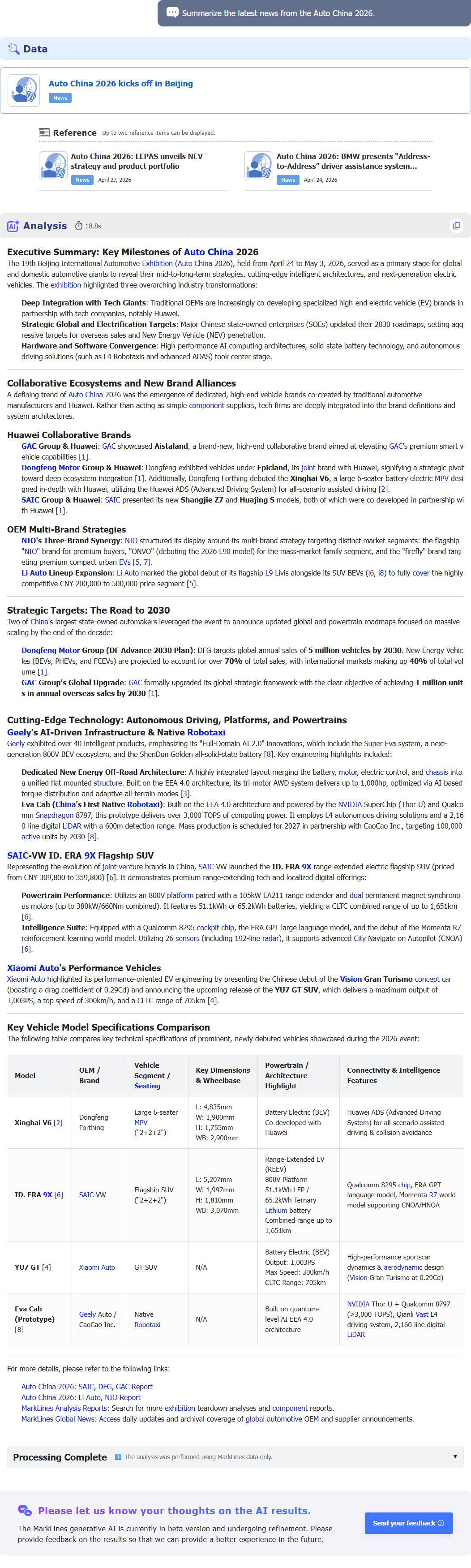MarkLines Generative AI response page: This is the result of a thorough analysis and explanation regarding the question 'summarize the latest news from auto china 2026.' based on data and trends.