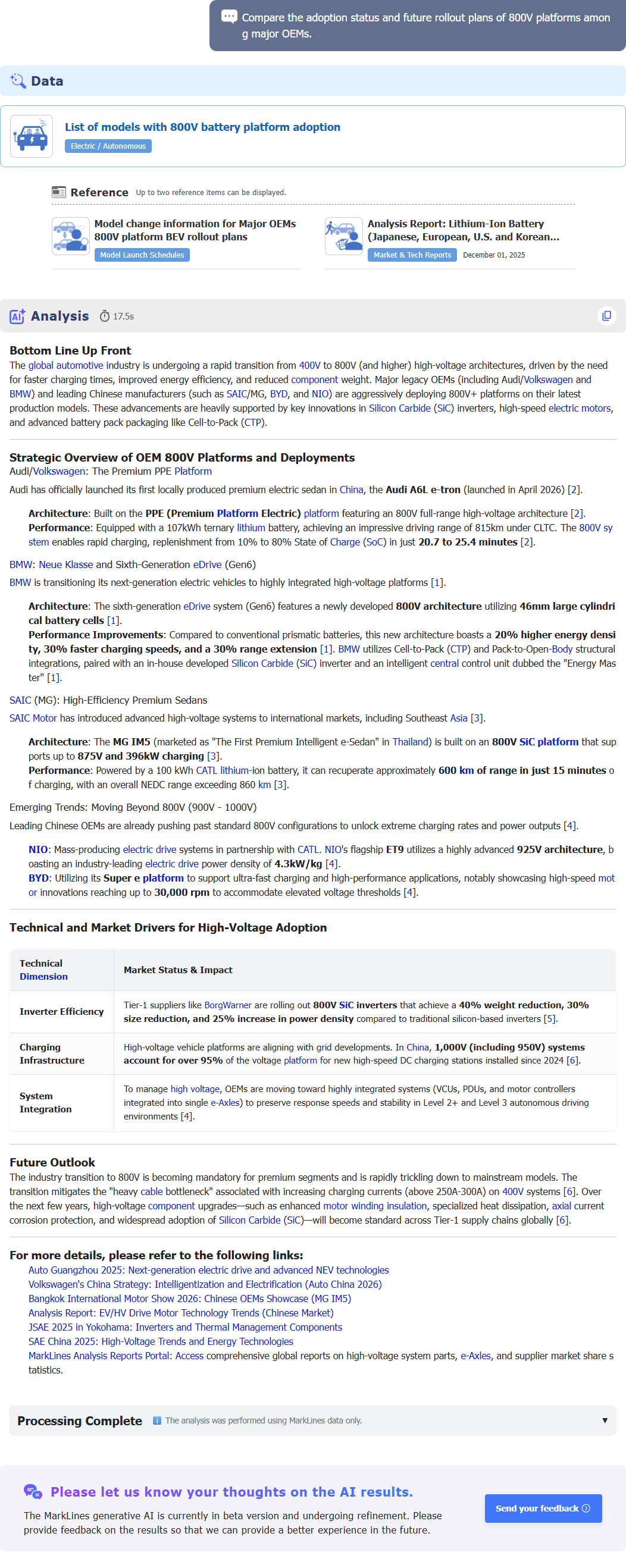 MarkLines Generative AI response page: This is the result of a thorough analysis and explanation regarding the question 'compare the adoption status and future rollout plans of 800v platforms among major oems.' based on latest data trends.