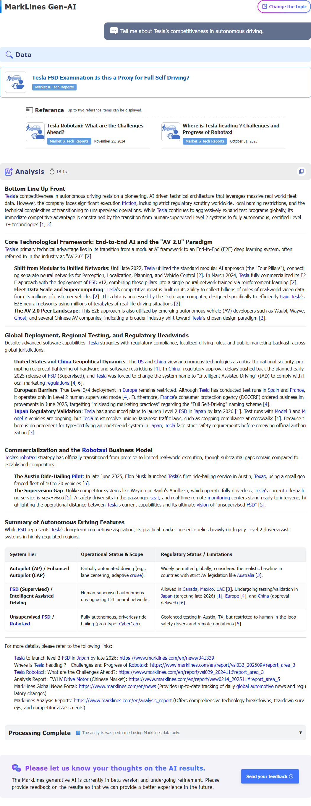 MarkLines Generative AI response page: This is the result of a thorough analysis and explanation regarding the question 'tell me about tesla's competitiveness in autonomous driving.' based on the latest data and trends.