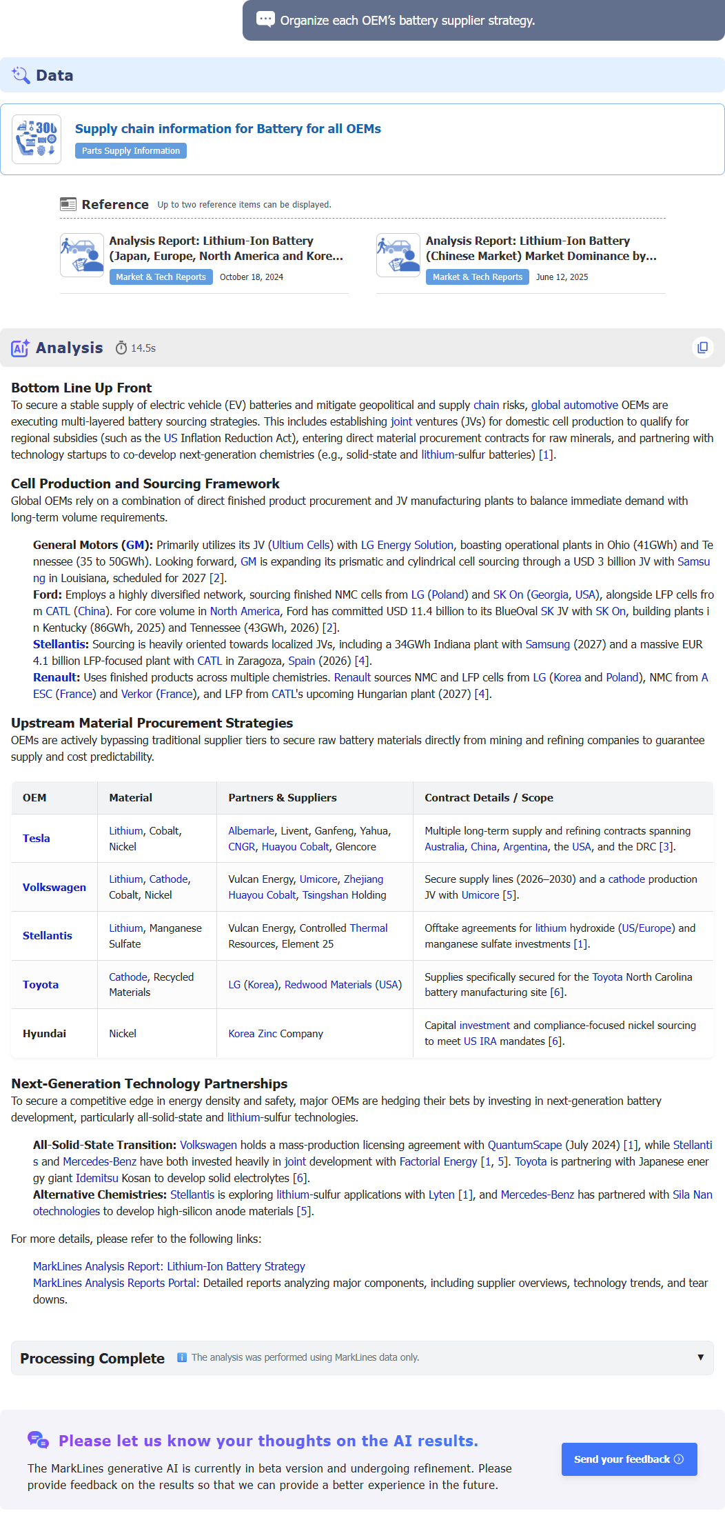 MarkLines Generative AI response page: This is the result of a thorough analysis and explanation regarding the question 'organize each oem's battery supplier strategy.' based on the latest data and trends.
