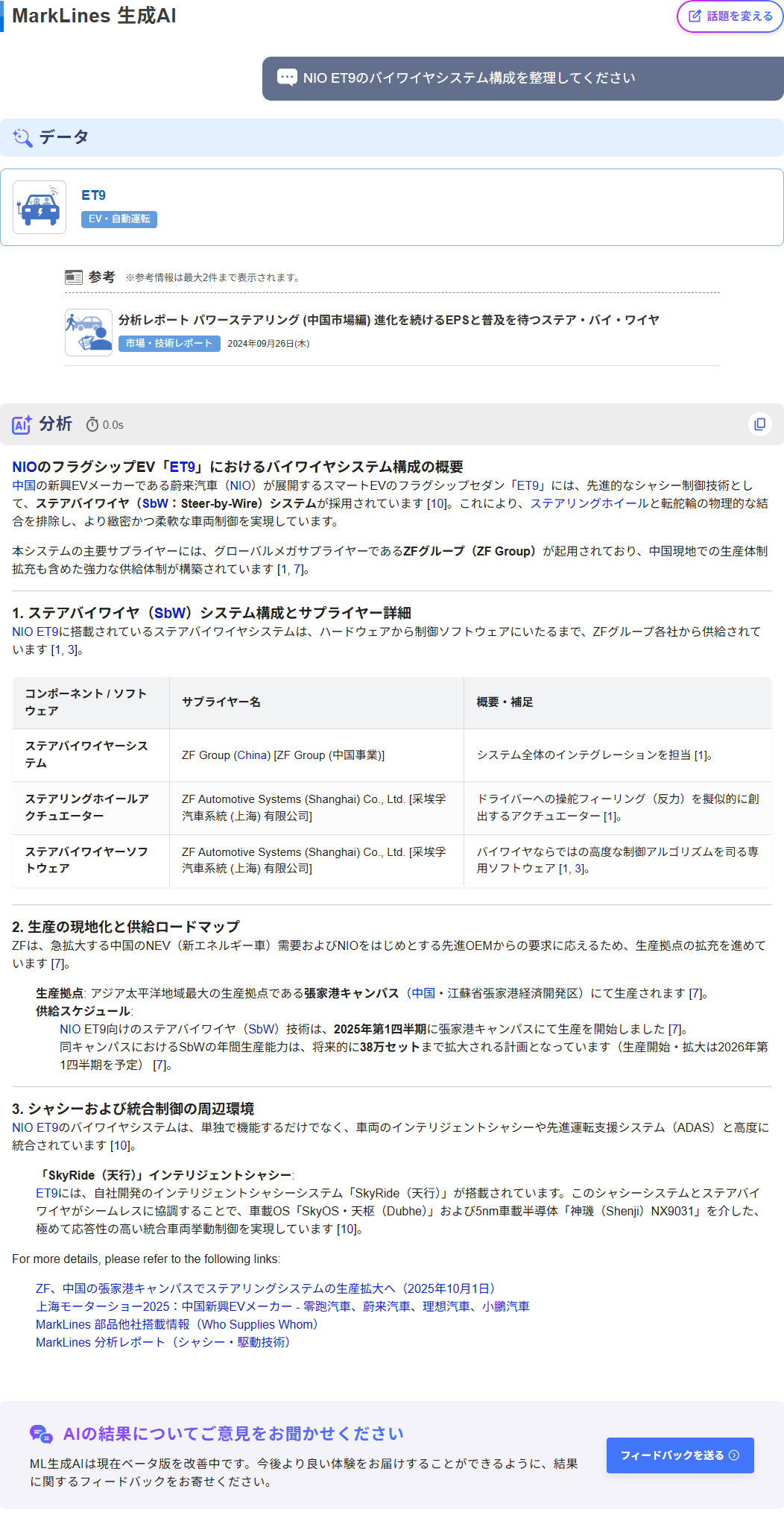 マークラインズ生成AIの回答画面。「NIO ET9のバイワイヤシステム構成を整理してください」という質問に対し、最新のデータや動向をもとに徹底分析・解説した結果。